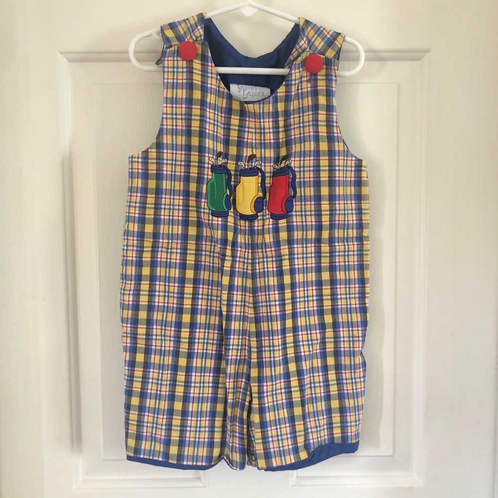 Vintage Jacob’s Ladder Plaid Embroidered Golf Romper Yellow Blue 4T Cotton